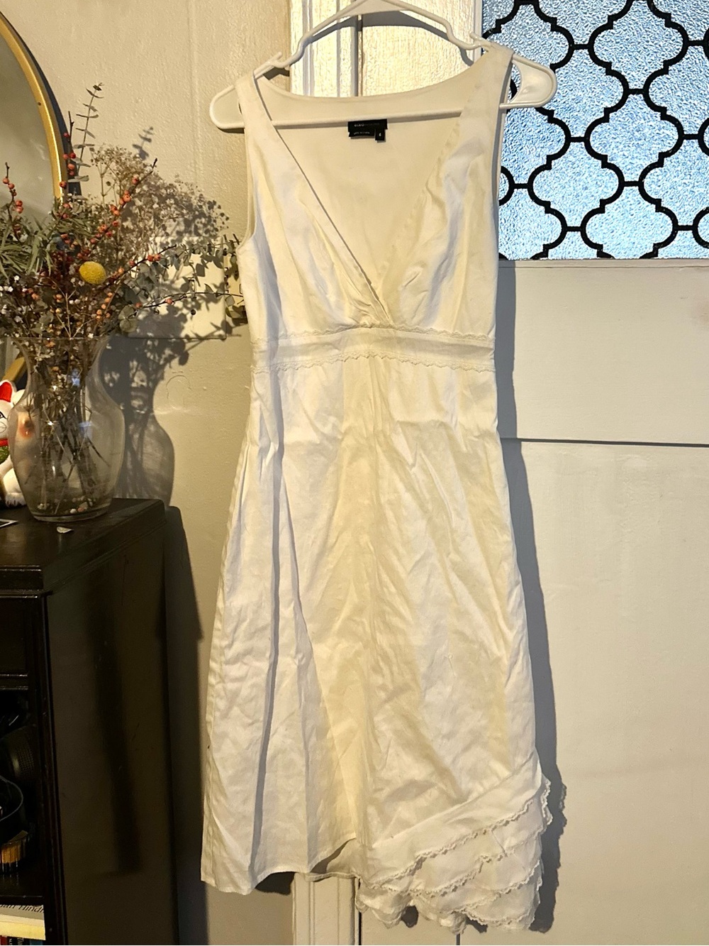 BCBGMaxAzria White Sleeveless V-Neck Midi Linen Blend Dress with Ruffle Hem